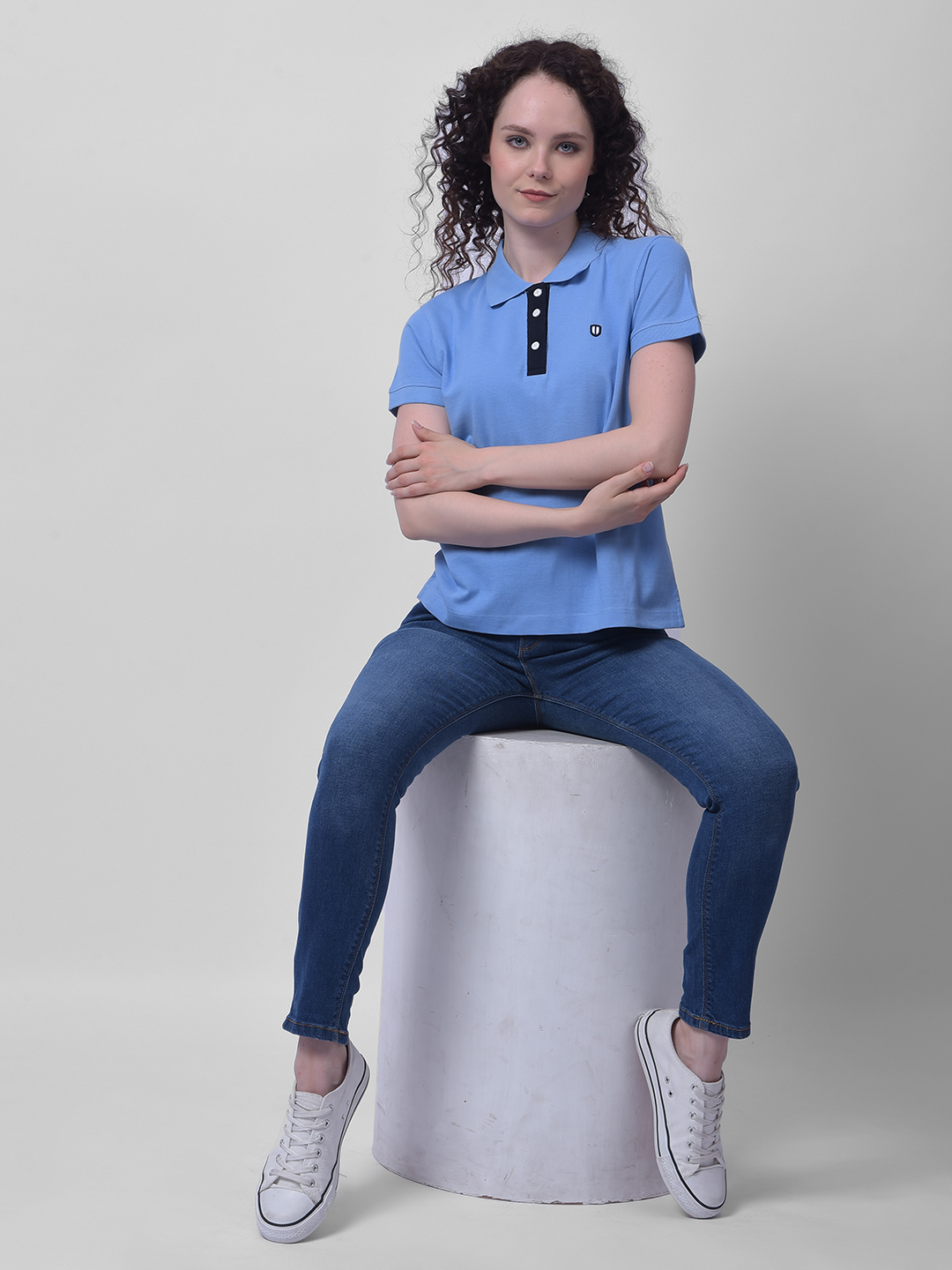 Numero Uno Women Light Blue Contrast Placket Polo Shirt